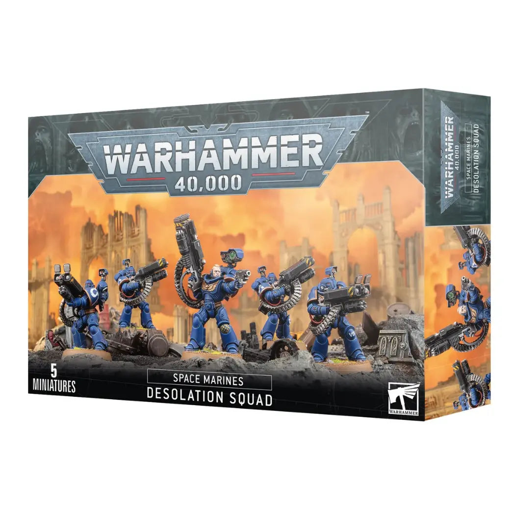 Warhammer 40,000 Space Marines Desolation Squad box featuring 5 blue-armored Space Marines wielding heavy rocket launcher weapon systems.
