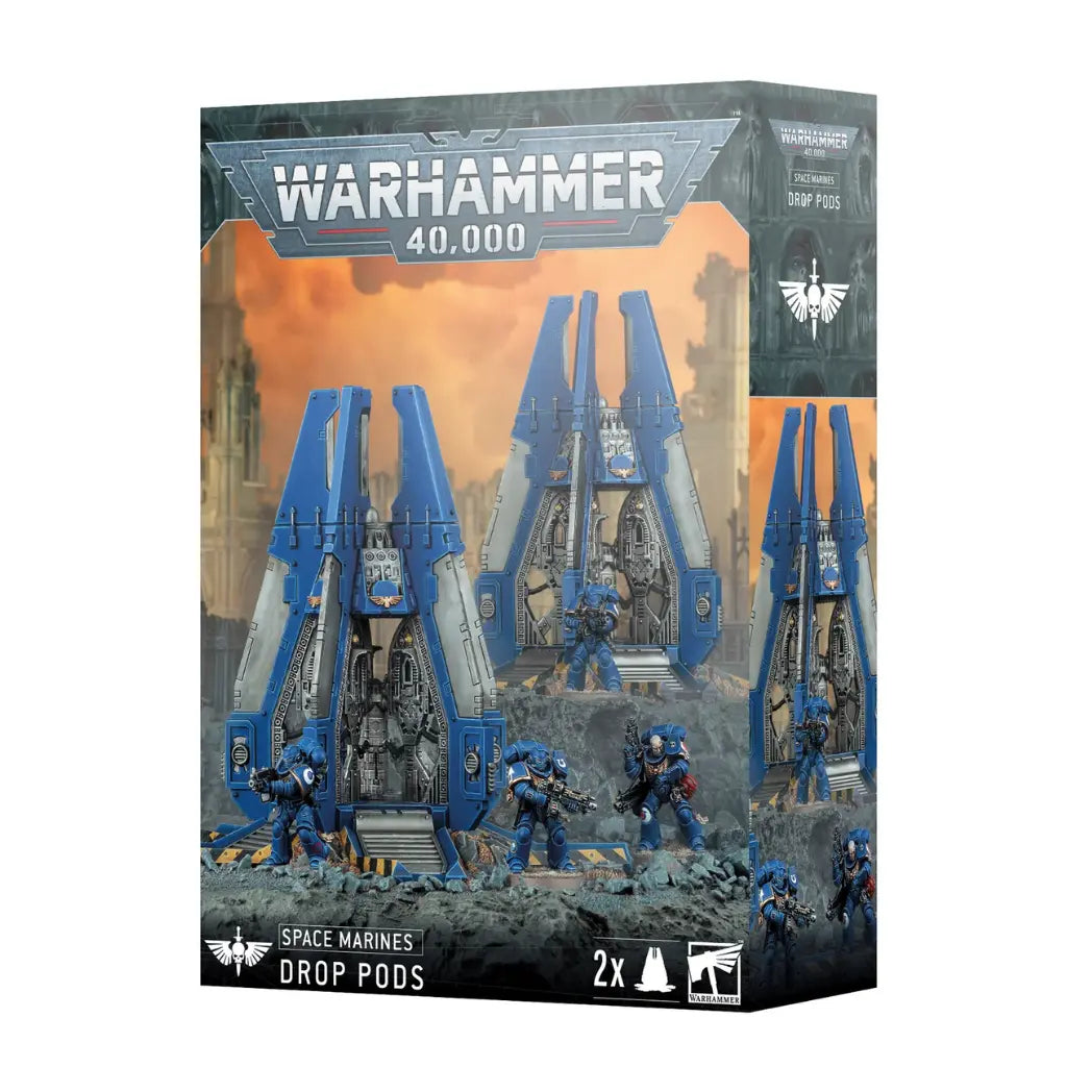 Warhammer 40,000 Space Marines  Drop Pods box featuring two blue and silver orbital transport craft with open hatches and Space Marine infantry.