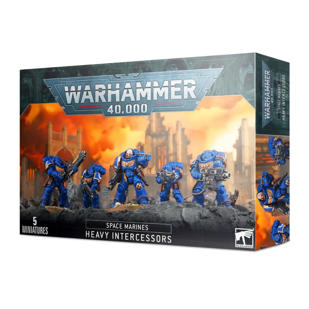 Warhammer 40,000 Space Marines  Heavy Intercessors box featuring 5 blue-armored Space Marines with heavy bolt rifles.