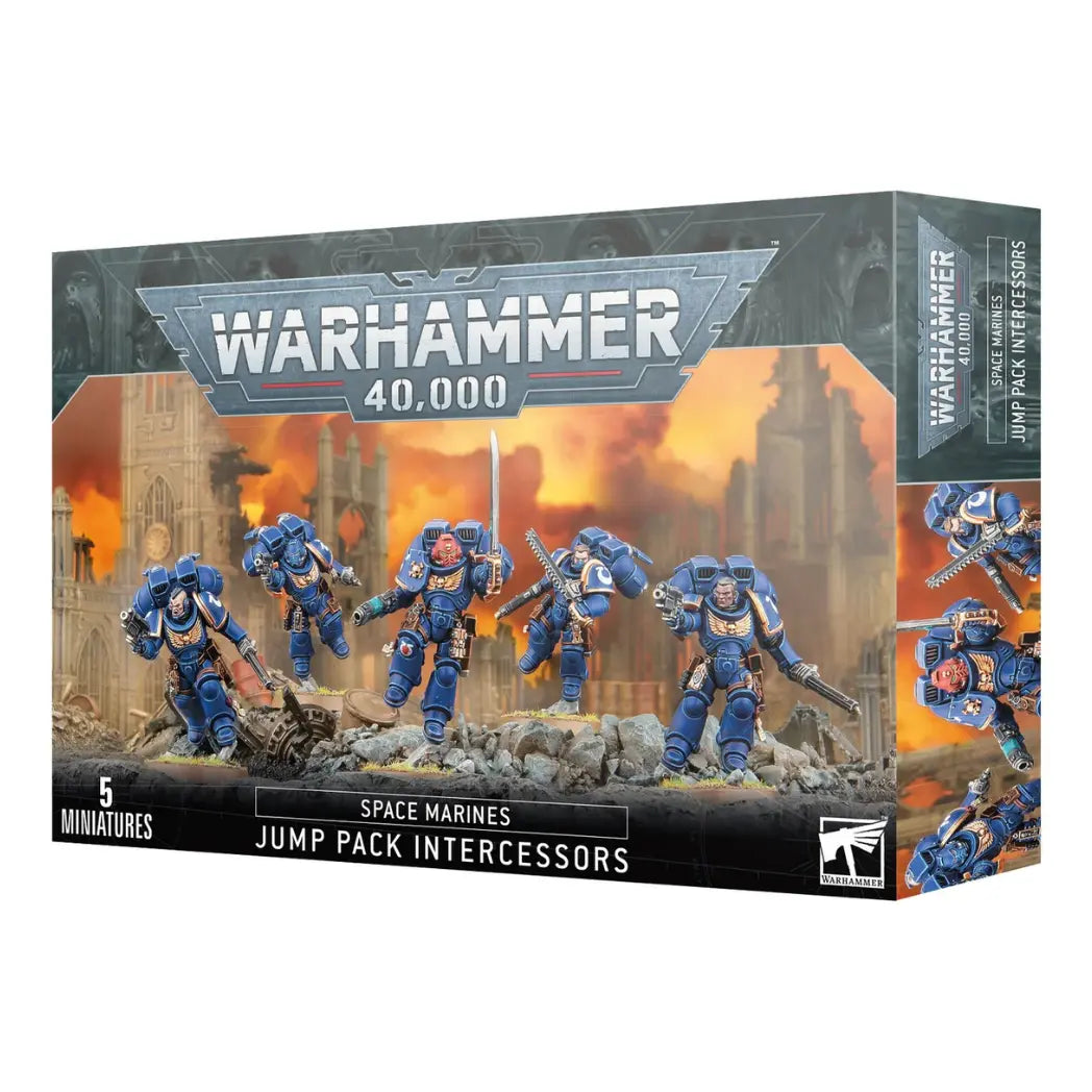 Warhammer 40,000 Space Marines  Jump Pack Intercessors box featuring 5 blue-armored Space Marines in flight with chainswords and pistols.
