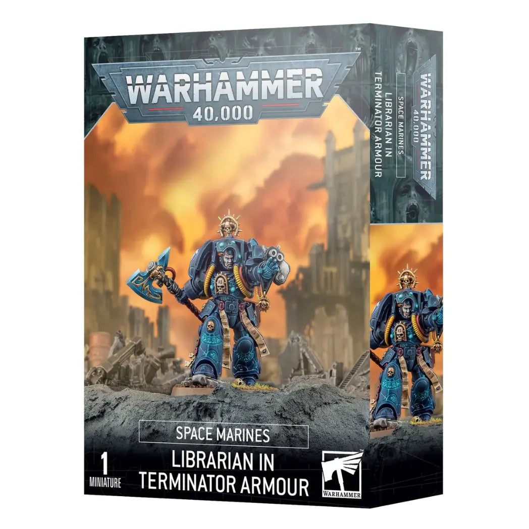 Warhammer 40,000 Space Marines  Librarian in Terminator Armour box featuring a blue-armored psyker with a force axe and glowing blue eyes.