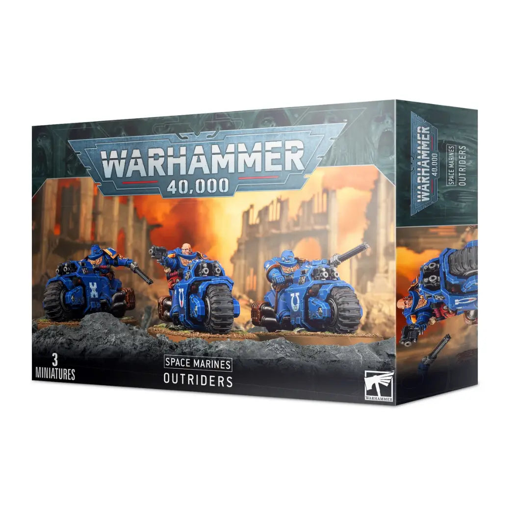 Warhammer 40,000 Space Marines Outriders box featuring three blue-armored Space Marines riding heavy combat motorcycles with twin bolt rifles.