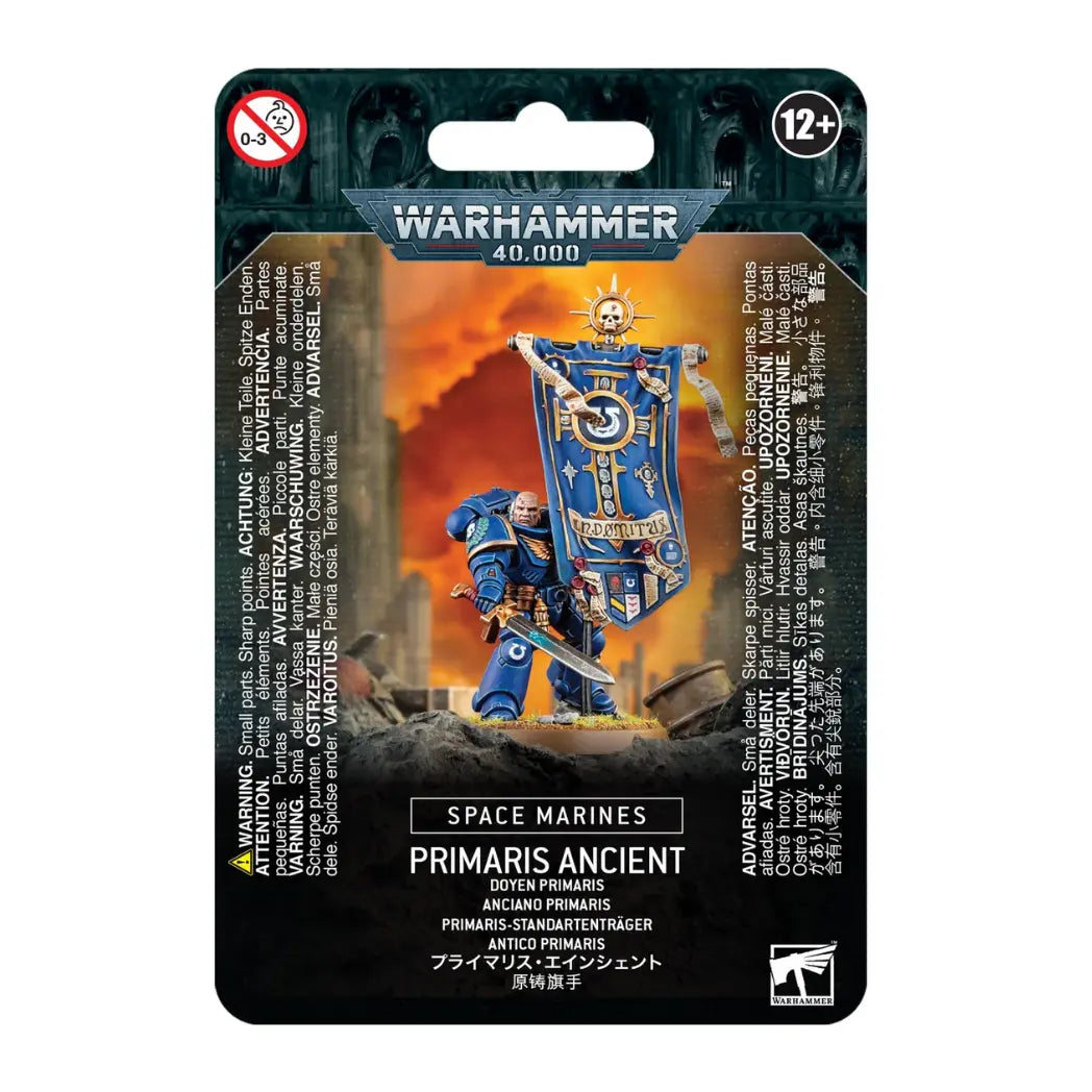 Warhammer 40,000 Space Marines Primaris Ancient box featuring a blue-armored Space Marine holding a large, ornate golden chapter banner.
