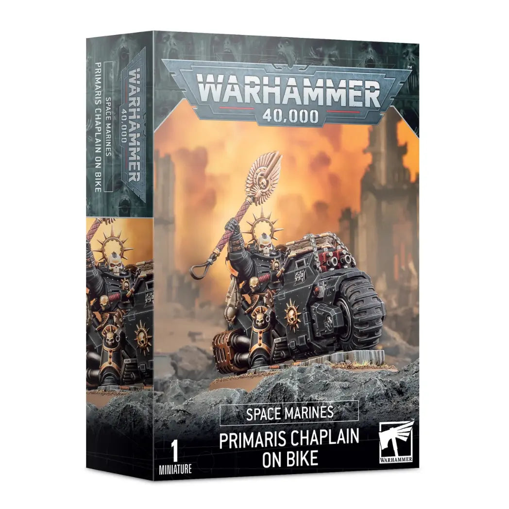 Warhammer 40,000 Space Marines Primaris Chaplain on Bike box featuring a black-armored rider with a skull helm and winged crozius.