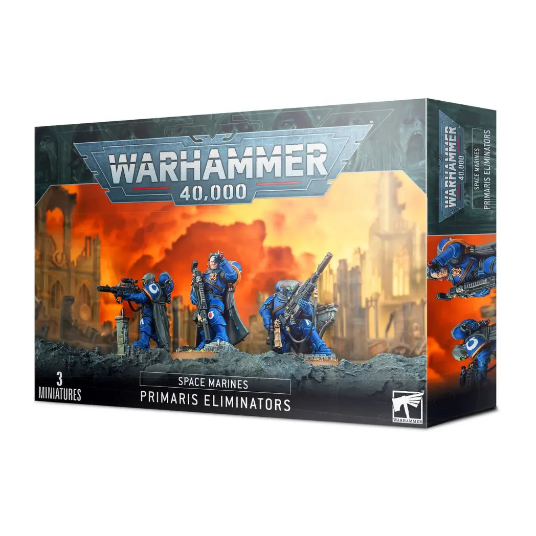 Warhammer 40,000 Space Marines Primaris Eliminators box featuring three blue-armored snipers with camo cloaks and bolt sniper rifles.