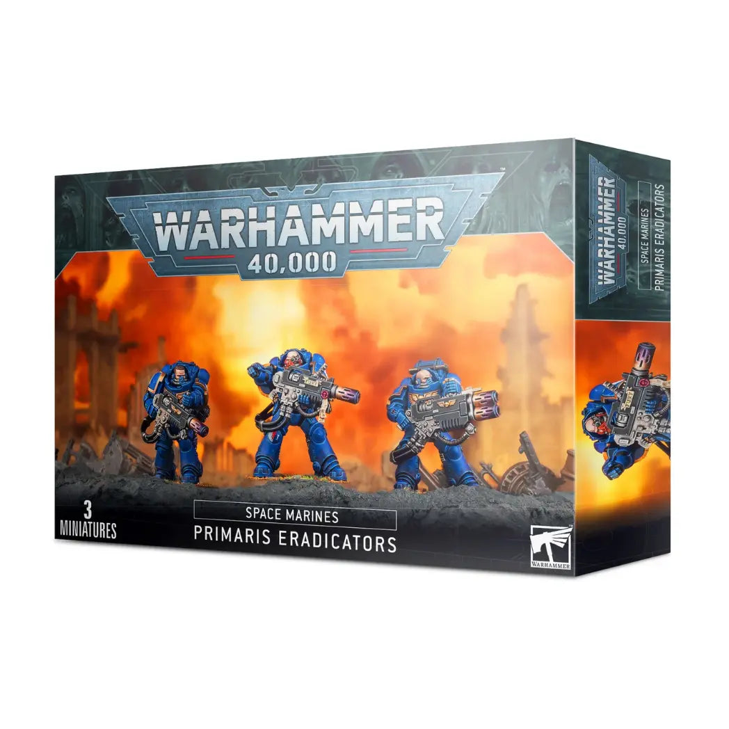 Warhammer 40,000 Space Marines Primaris Eradicators box featuring three blue-armored Space Marines with heavy melta rifles.