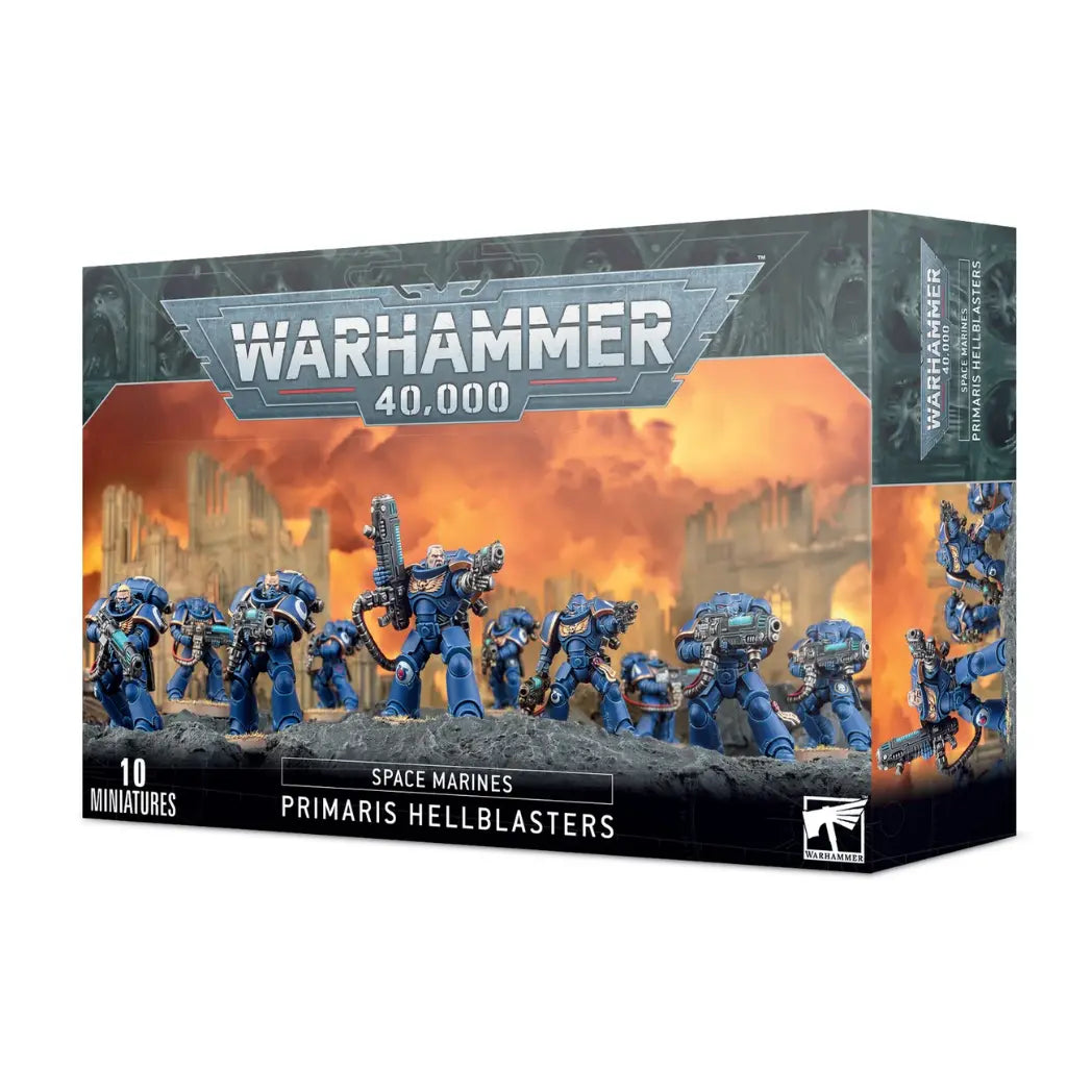Warhammer 40,000 Space Marines Primaris Hellblasters box featuring blue-armored Space Marines wielding plasma incinerators.