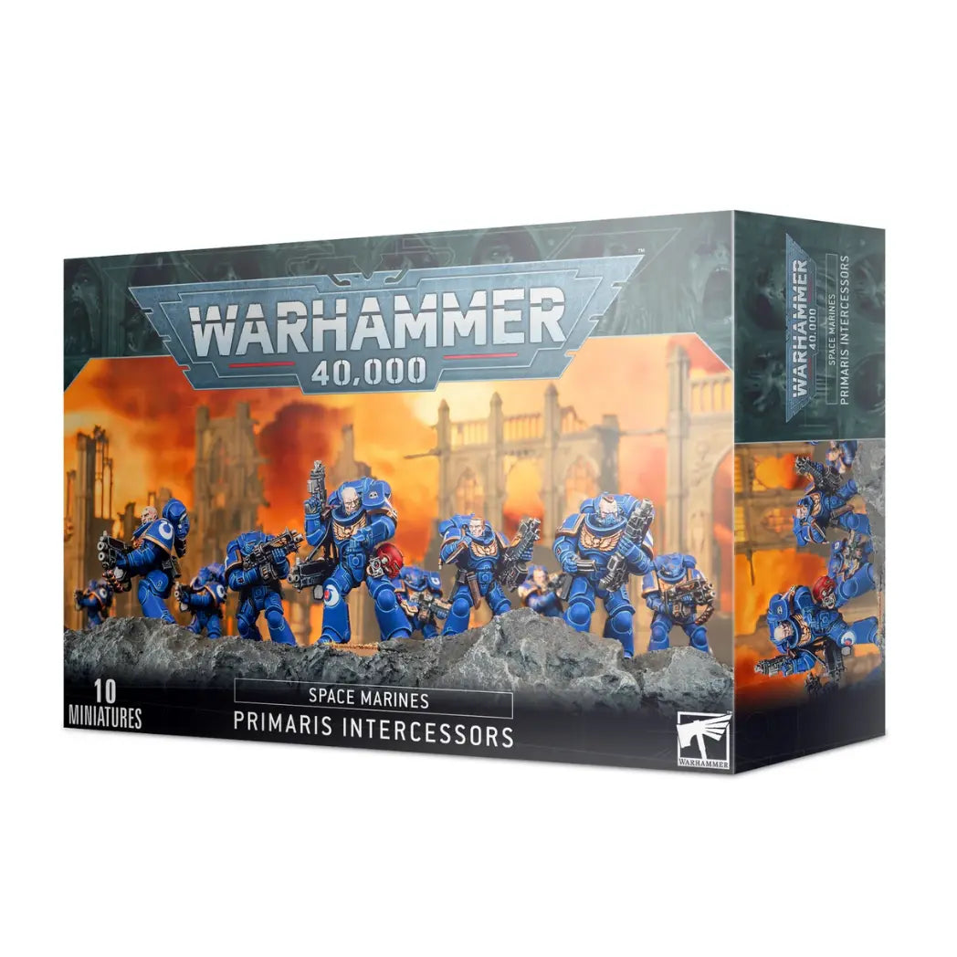 Warhammer 40,000 Primaris Space Marines Intercessors box featuring 10 blue-armored Space Marines armed with bolt rifles.