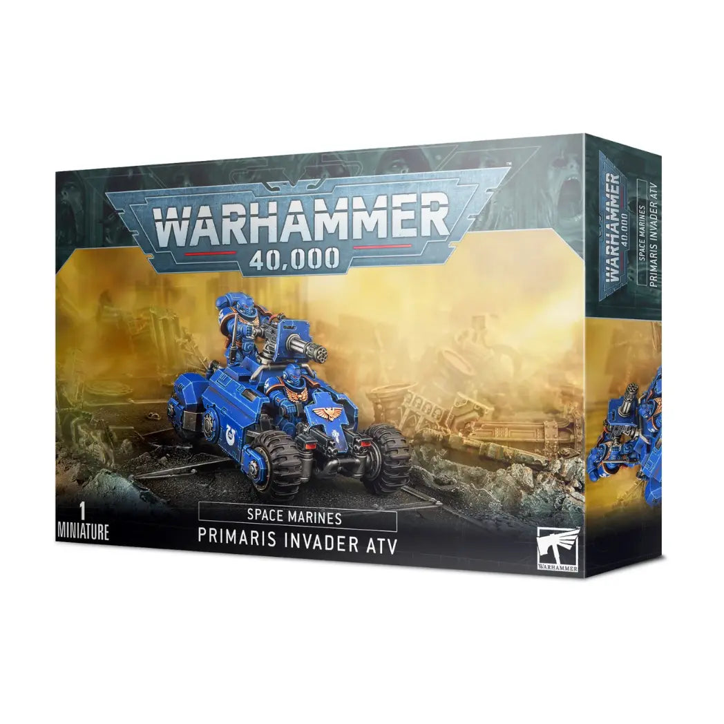 Warhammer 40,000 Space Marines Primaris Invader ATV box featuring a blue four-wheeled combat vehicle with a mounted multi-melta.