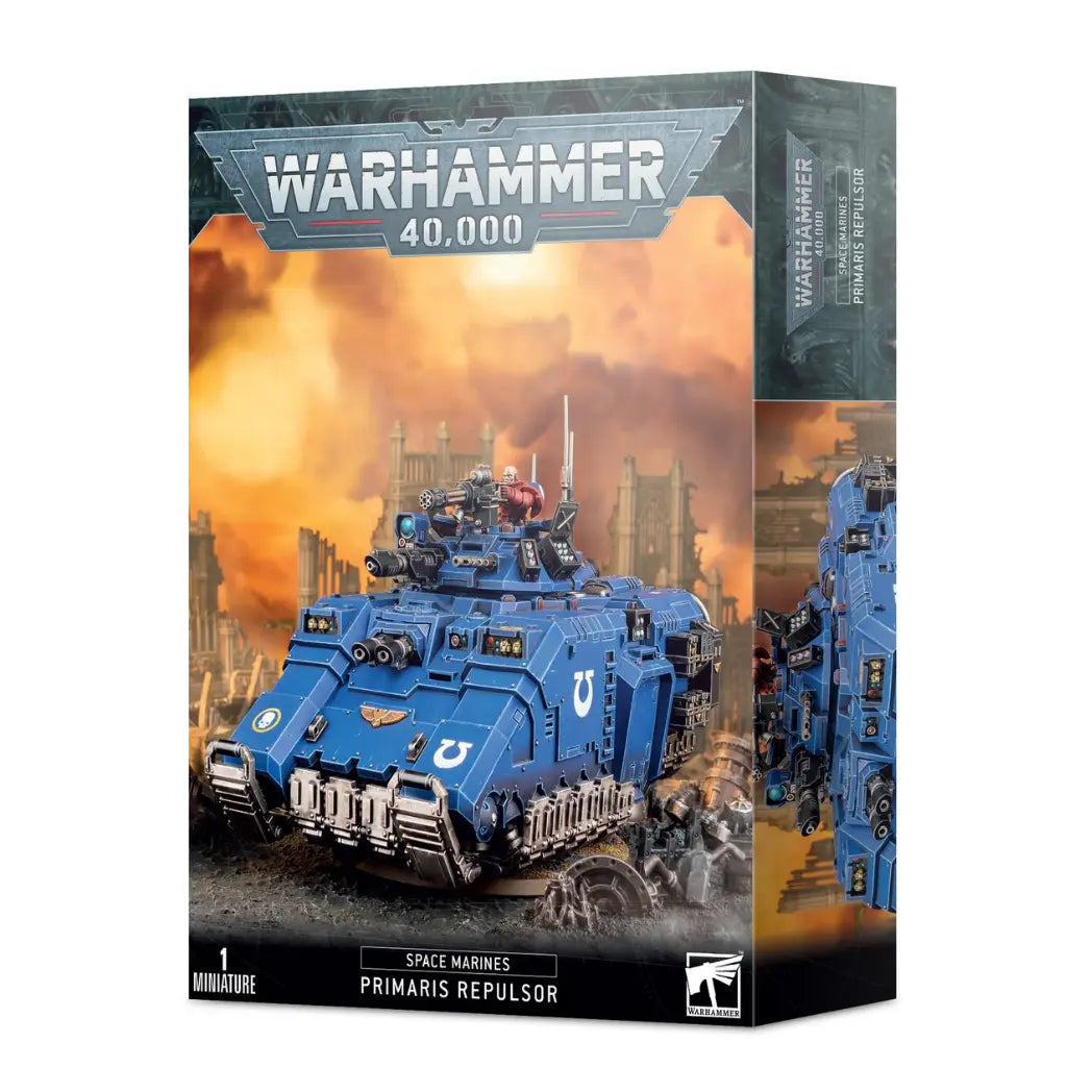Warhammer 40,000 Space Marines Primaris Repulsor box featuring a heavy blue-armored grav-tank with numerous mounted weapon systems.