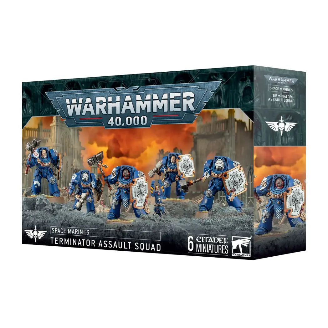 Warhammer 40,000 Space Marines Terminator Assault Squad box featuring heavy blue-armored Space Marines with thunder hammers and storm shields.