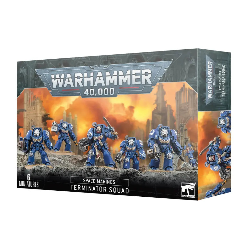 Warhammer 40,000 Space Marines Terminator Squad box featuring blue-armored Space Marines with storm bolters and power fists.