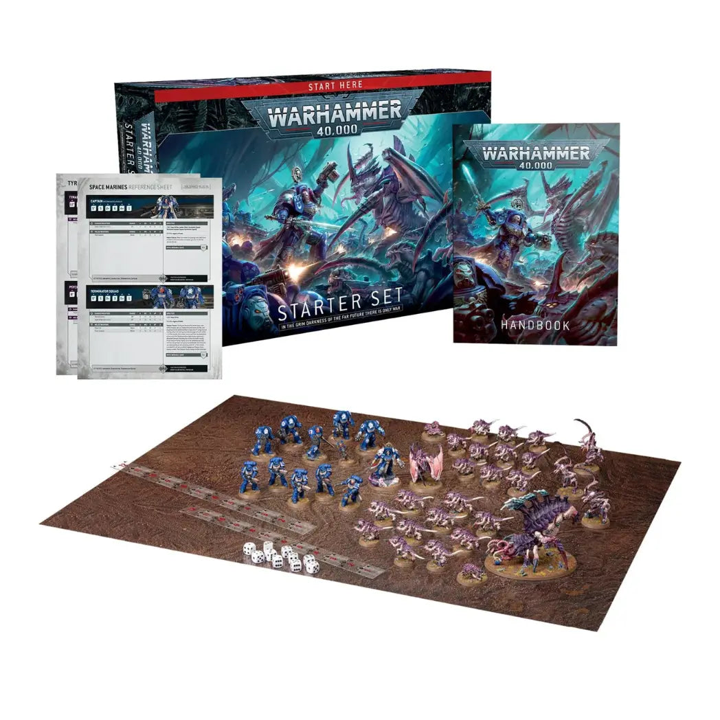 Warhammer 40,000 Starter Set showing box art, handbook, reference sheets, dice, and blue Space Marines facing purple Tyranids.