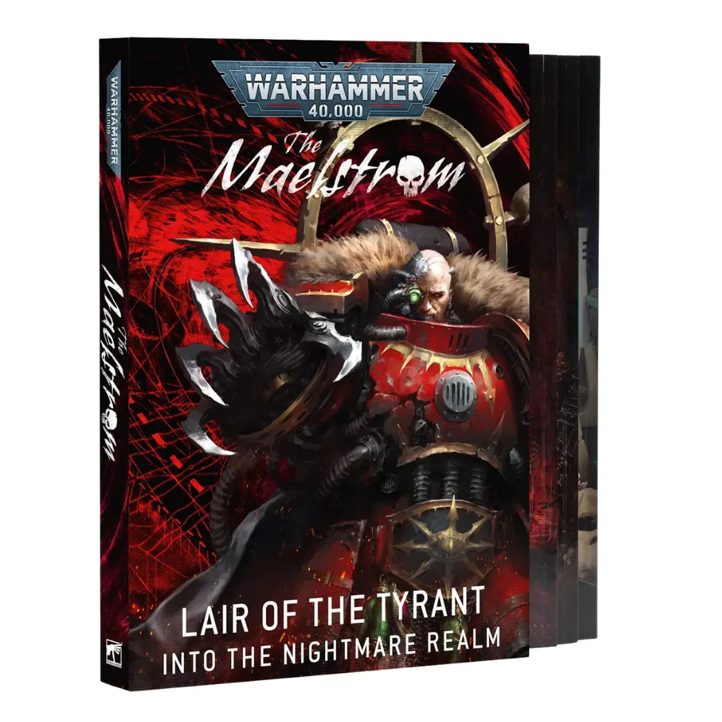 Warhammer 40,000 The Maelstrom: Lair of the Tyrant book featuring Huron Blackheart in red armor on a dark red background.