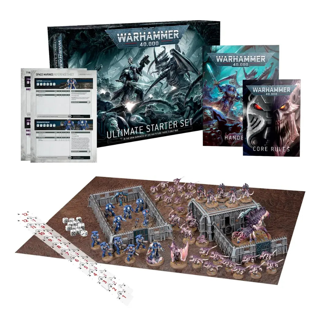 Warhammer 40,000 Ultimate Starter Set featuring miniatures, terrain, core rules, dice, and range rulers on a gaming mat.