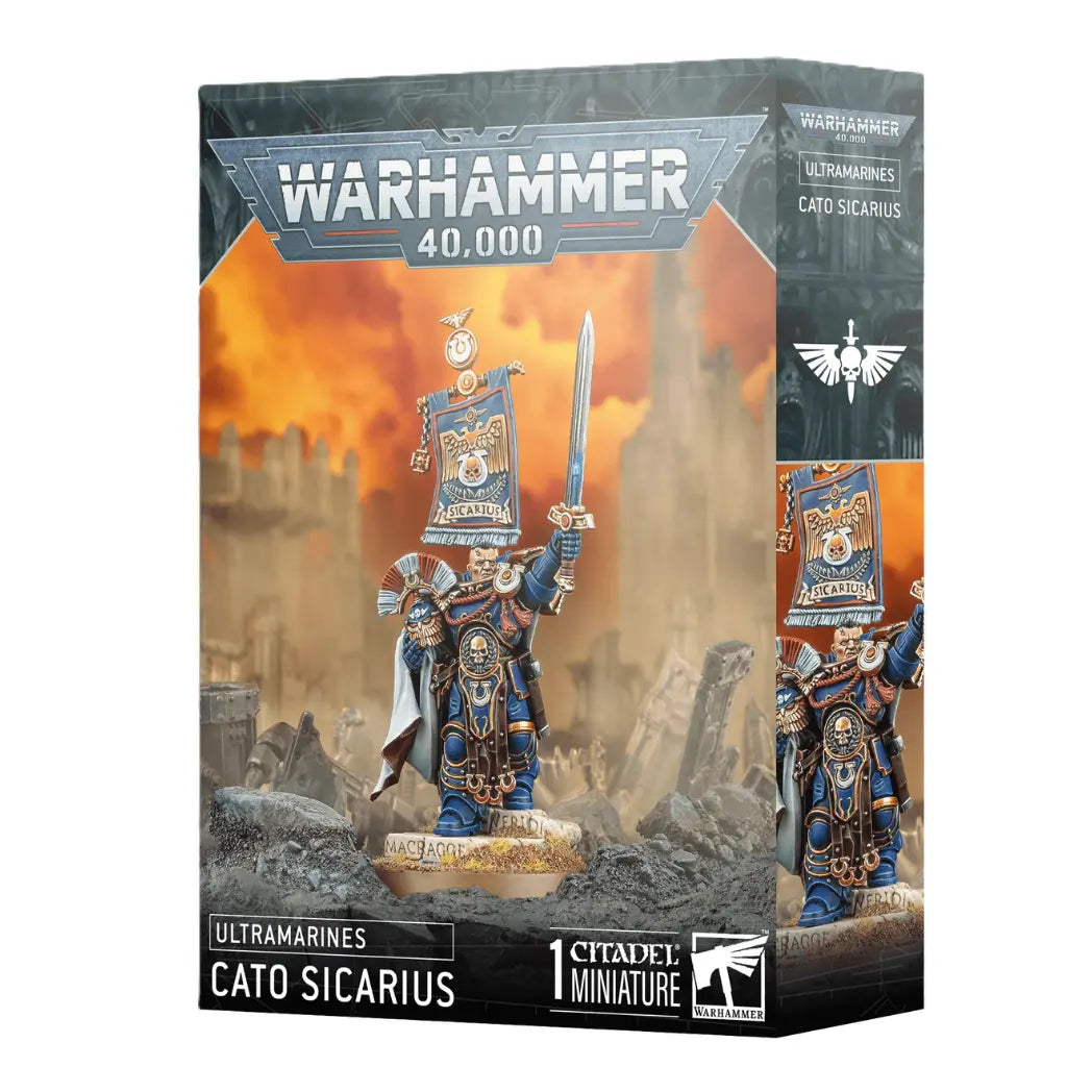 Warhammer 40,000 Captain Cato Sicarius box featuring a blue-armored Ultramarine with a crested helm, power and sword.