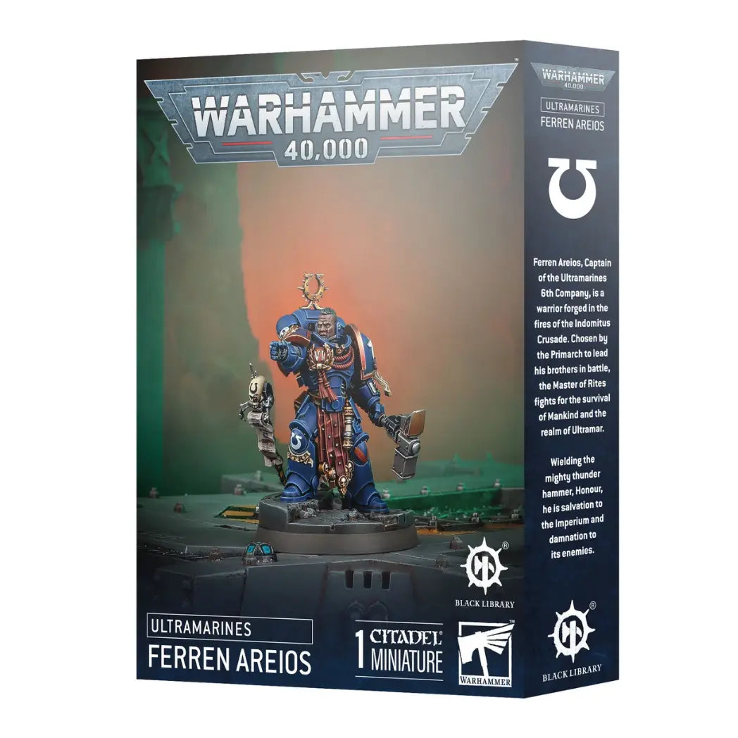 Warhammer 40,000 Lieutenant Ferren Areios box featuring a blue-armored Ultramarine with a power sword and bolt pistol.