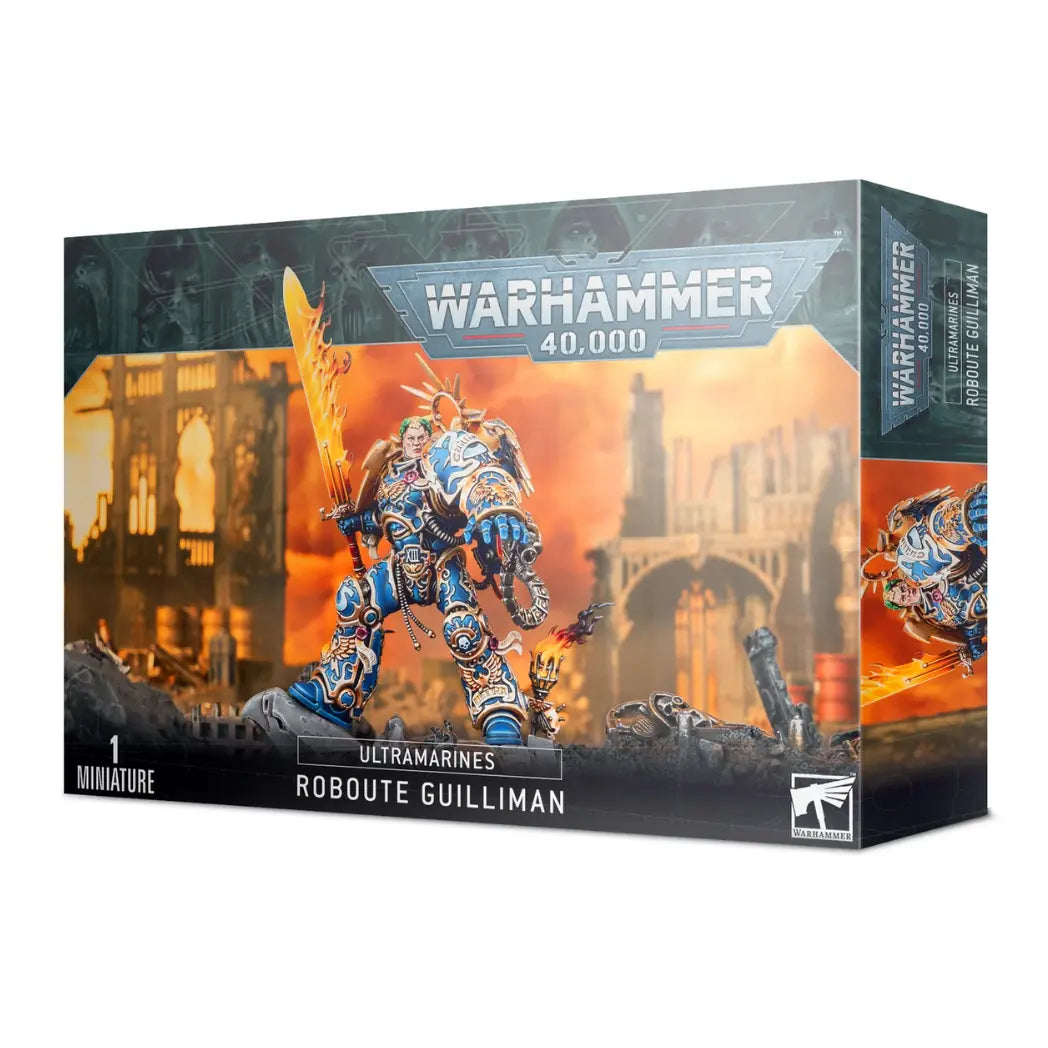 Warhammer 40,000 Roboute Guilliman box featuring the Primarch in ornate blue and gold armor wielding a flaming sword.