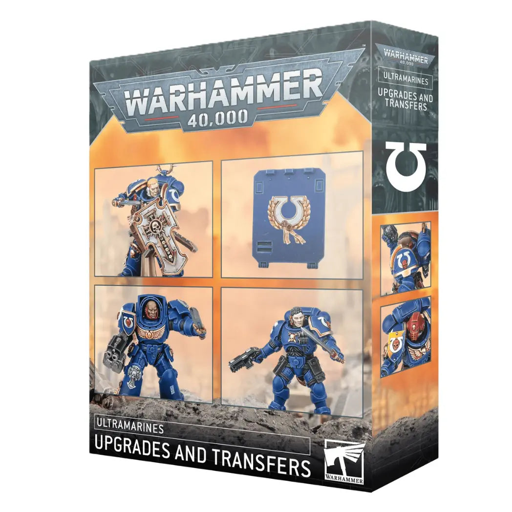 Warhammer 40,000 Ultramarines Upgrades and Transfers box showing blue-armored Marines with various custom pads and decals.