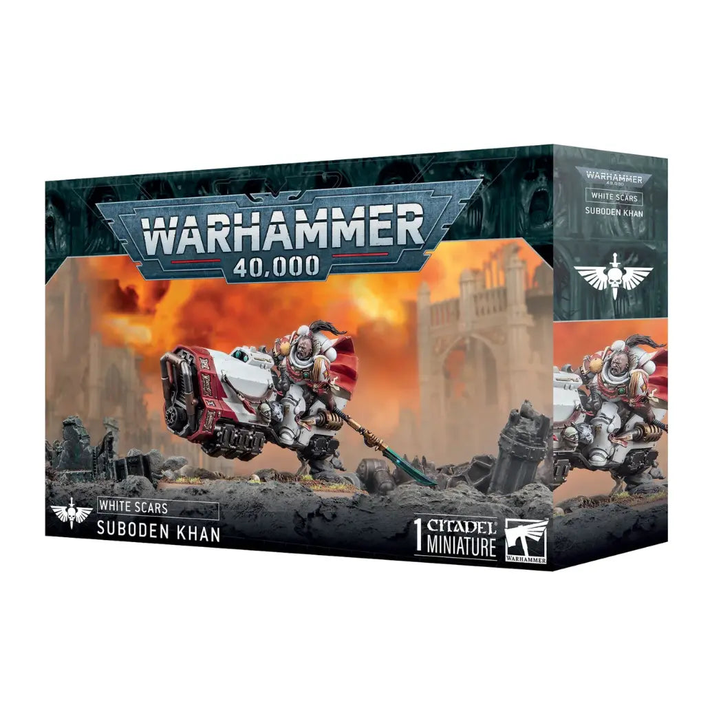 Warhammer 40,000 Suboden Khan box featuring a White Scars commander in white armor on a jetbike with a power glaive.