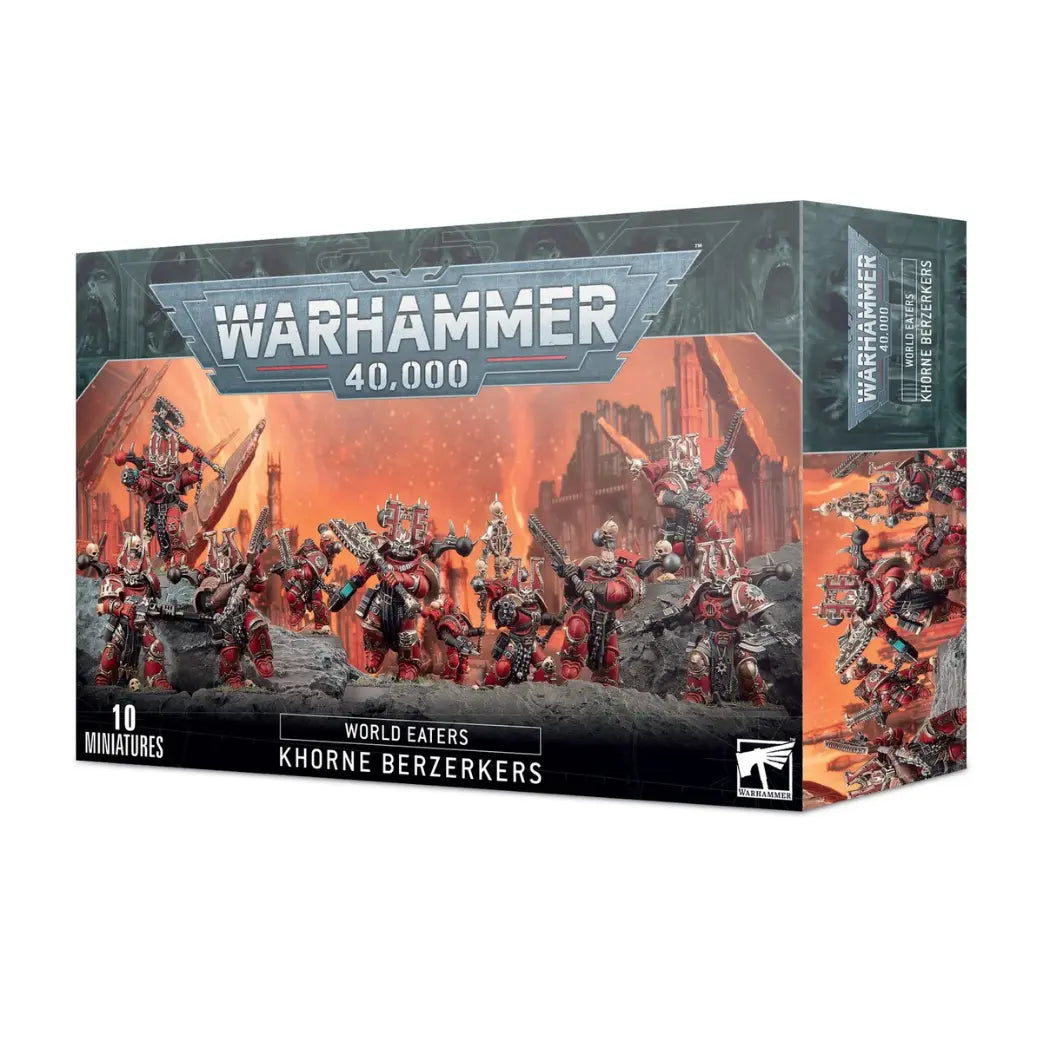 Warhammer 40,000 World Eaters Khorne Berzerkers box featuring red-armored World Eaters with chainaxes and chainswords.
