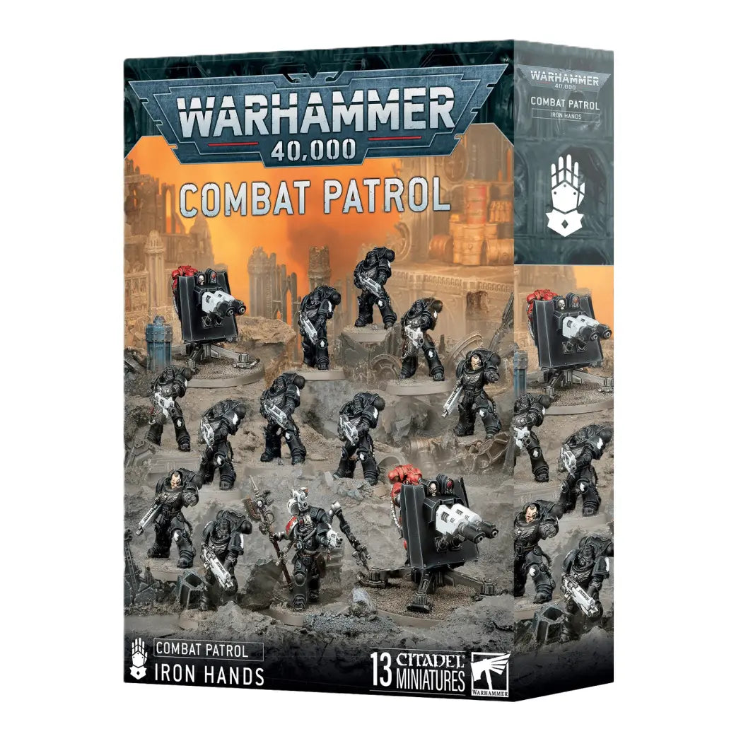 Warhammer 40,000 Iron Hands Combat Patrol box featuring black-armored warriors and heavy weapons against an orange-tinted sky.