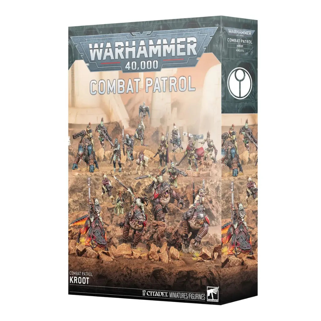 Warhammer 40,000 Kroot Combat Patrol box featuring avian-like hunters and large beasts on a desert-colored, rocky landscape.