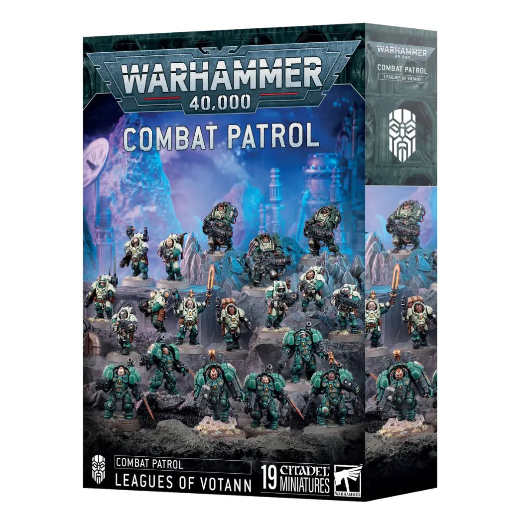 Warhammer 40,000 Leagues of Votann box featuring heavily armored warriors in green and white on a dark rocky terrain.