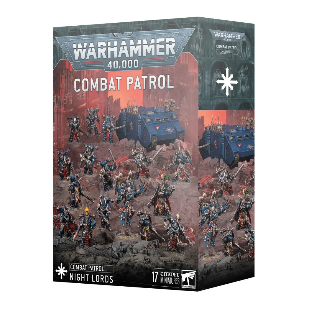 Warhammer 40,000 Night Lords Combat Patrol box featuring dark blue armored warriors and a tank on a red rocky landscape.