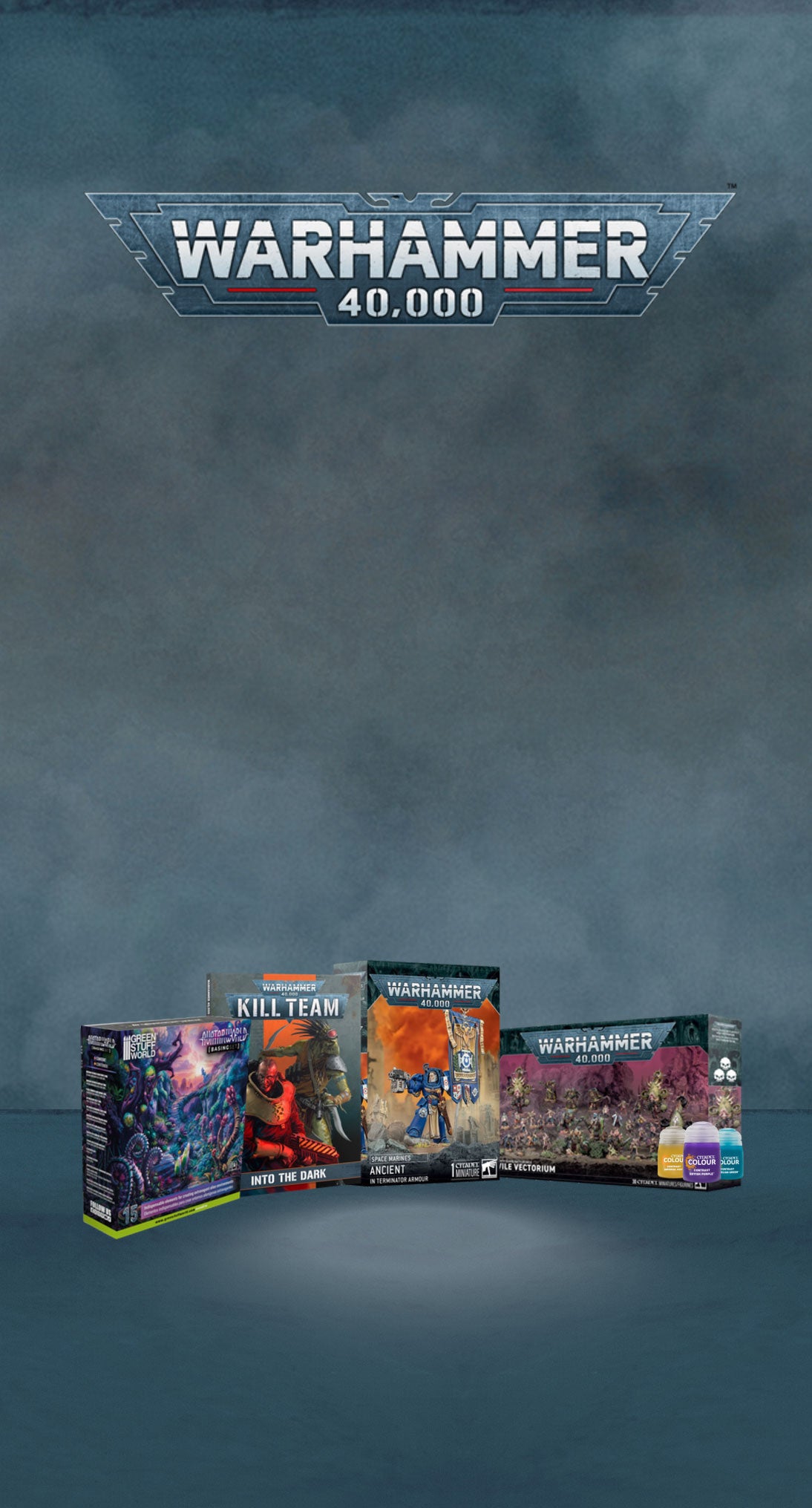 Warhammer 40,000 banner featuring Kill Team and miniature sets against a smoky, dark grey and blue background.
