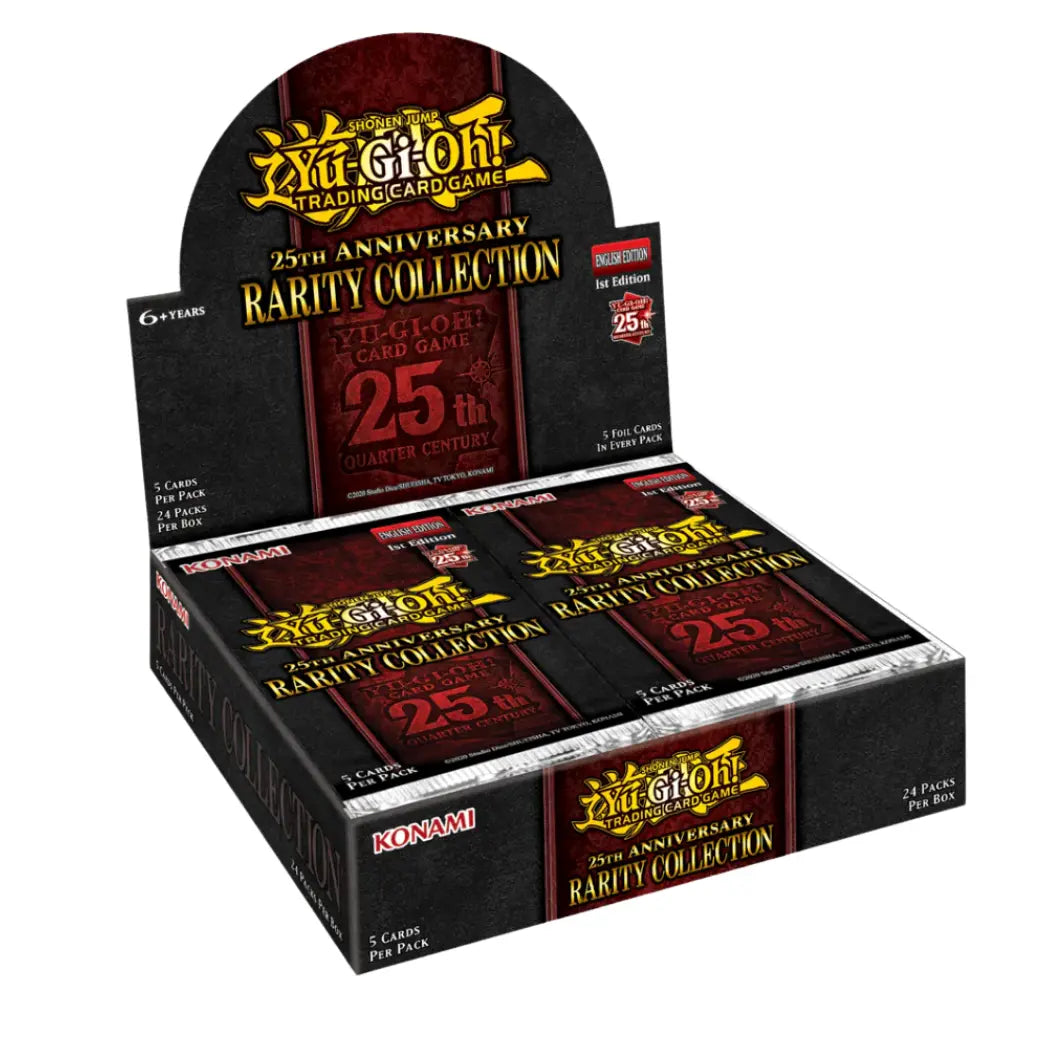 Yu-Gi-Oh! 25th Anniversary Rarity Collection Booster Box containing 24 packs with 5 cards per pack featuring a red, black and yellow color palette