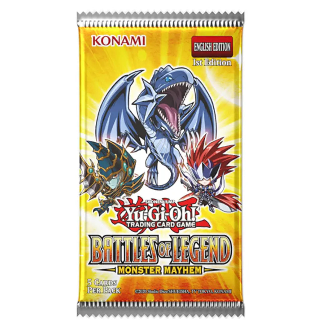 Yu-Gi-Oh! Battles of Legend: Monster Mayhem booster pack featuring Blue-Eyes White Dragon, Dark Magician, and Elemental HERO Neos on a yellow and orange background