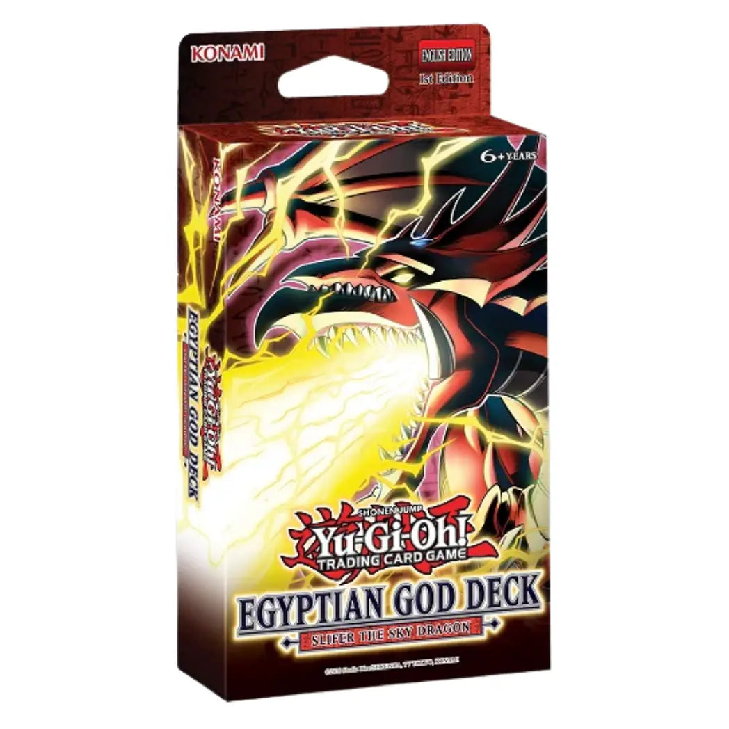 Yu-Gi-Oh! Egyptian God Deck featuring Slifer the Sky Dragon, with red-and-black artwork of Slifer breathing yellow lightning, official Konami packaging, and “Egyptian God Deck: Slifer the Sky Dragon” title on the front.