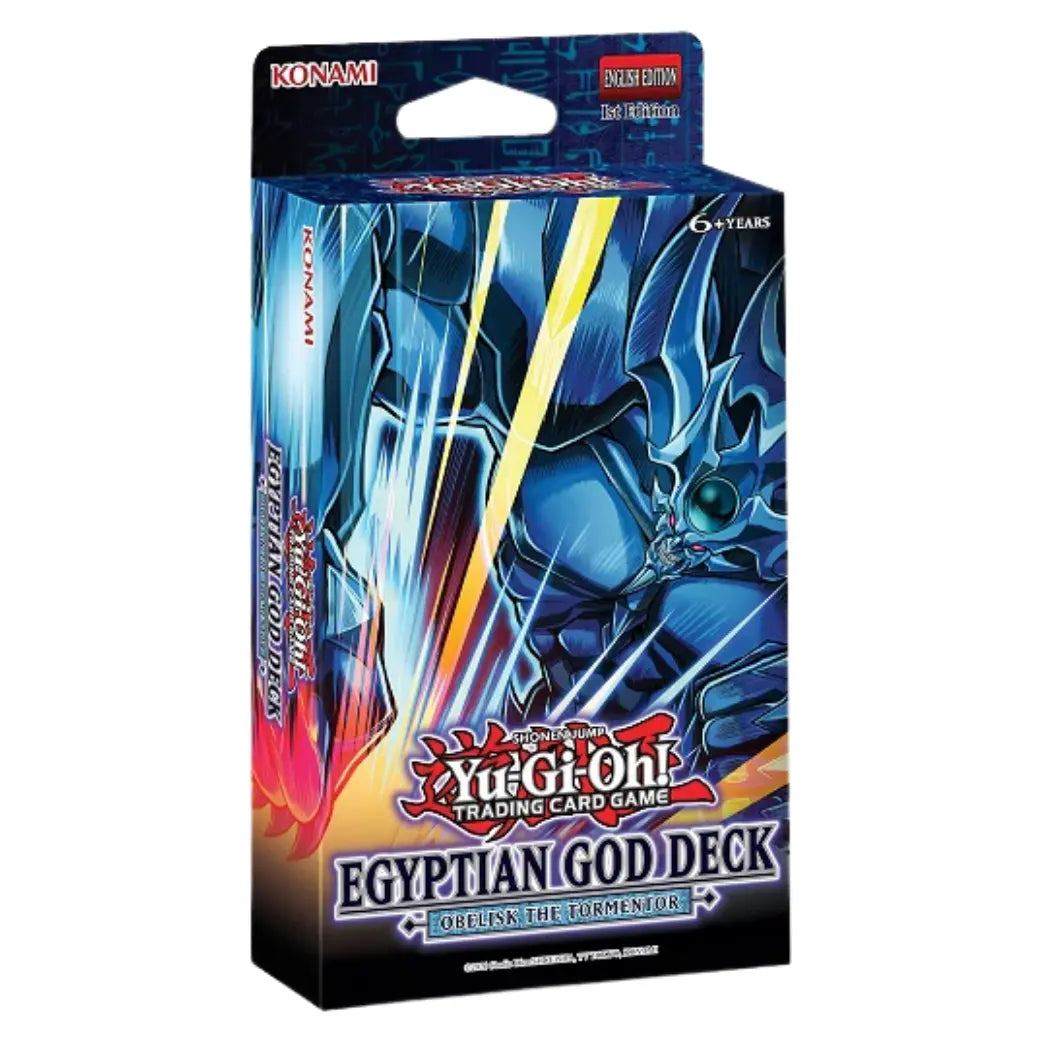 Yu-Gi-Oh! Egyptian God Deck featuring Obelisk the Tormentor, with Blue artwork of Obelisk Smashing the ground, official Konami packaging, and “Egyptian God Deck: Obelisk The Tormentor” title on the front.