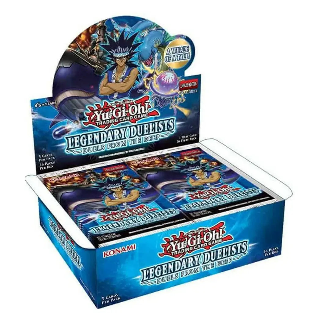 An Yu-Gi-Oh! Legendary Duelists: Duels From the Deep booster box featuring Mako Tsunami and his signature water monsters on the blue display packaging and individual packs