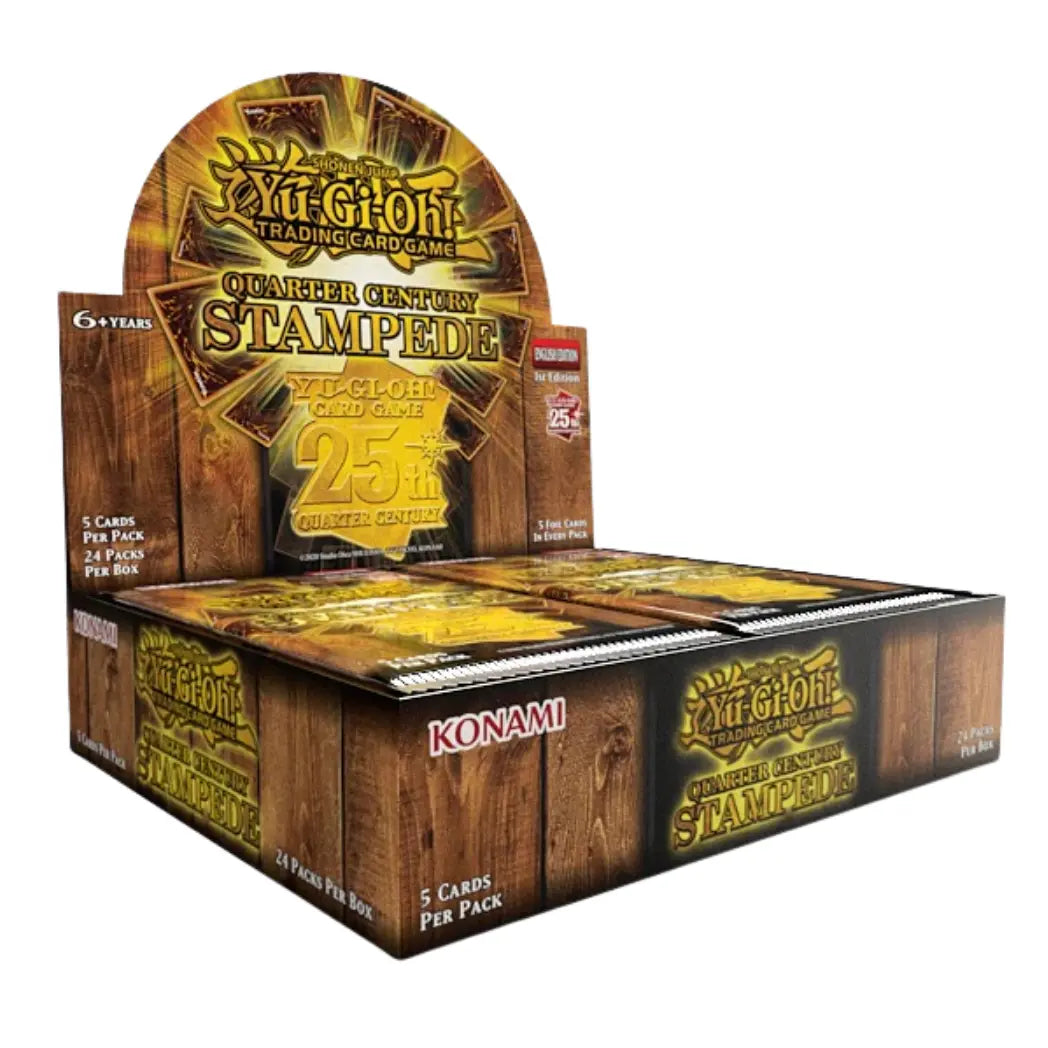 Yu-Gi-Oh! Quarter Century Stampede Booster Box featuring a wooden texture and gold colors containing 24 booster packs with 5 cards per pack