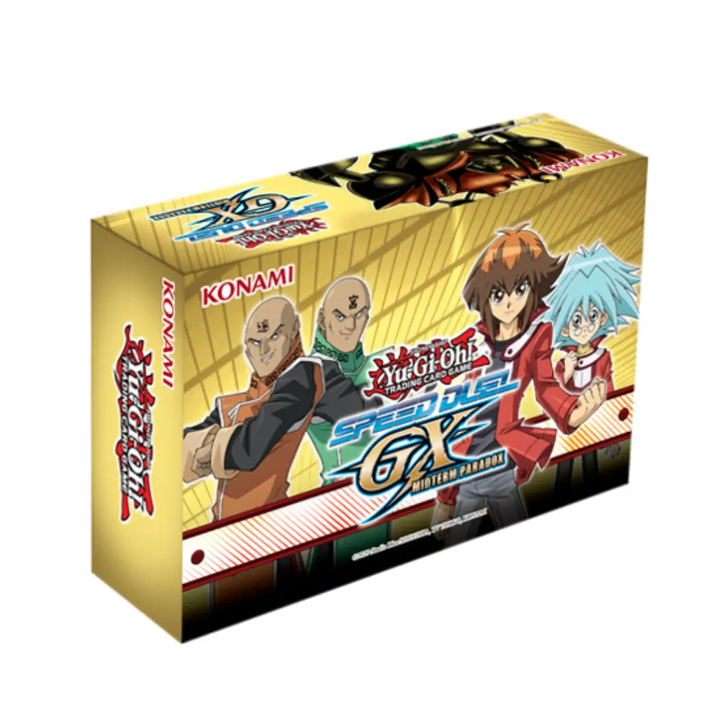 Yu-Gi-Oh! Speed Duel GX Midterm Paradox Box featuring Yugi and Weevil on a yellow box with official Konami Packaging
