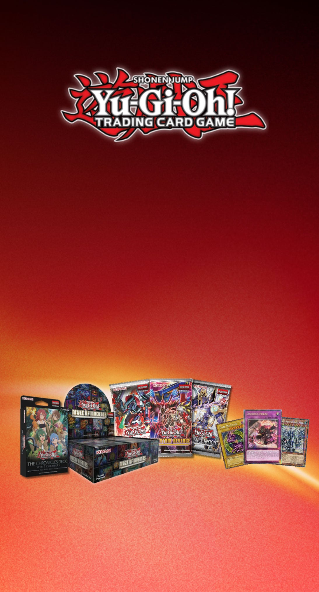 Yu-Gi-Oh! banner featuring Maze of Muertos booster box and Spirit Charmers deck on a red and orange background.