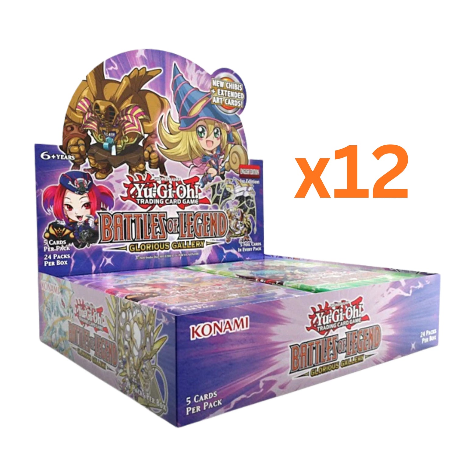 Yu-Gi-Oh! Battles of Legend: Glorious Gallery booster Case featuring Chibi Exodia and Dark Magician Girl on a purple background.