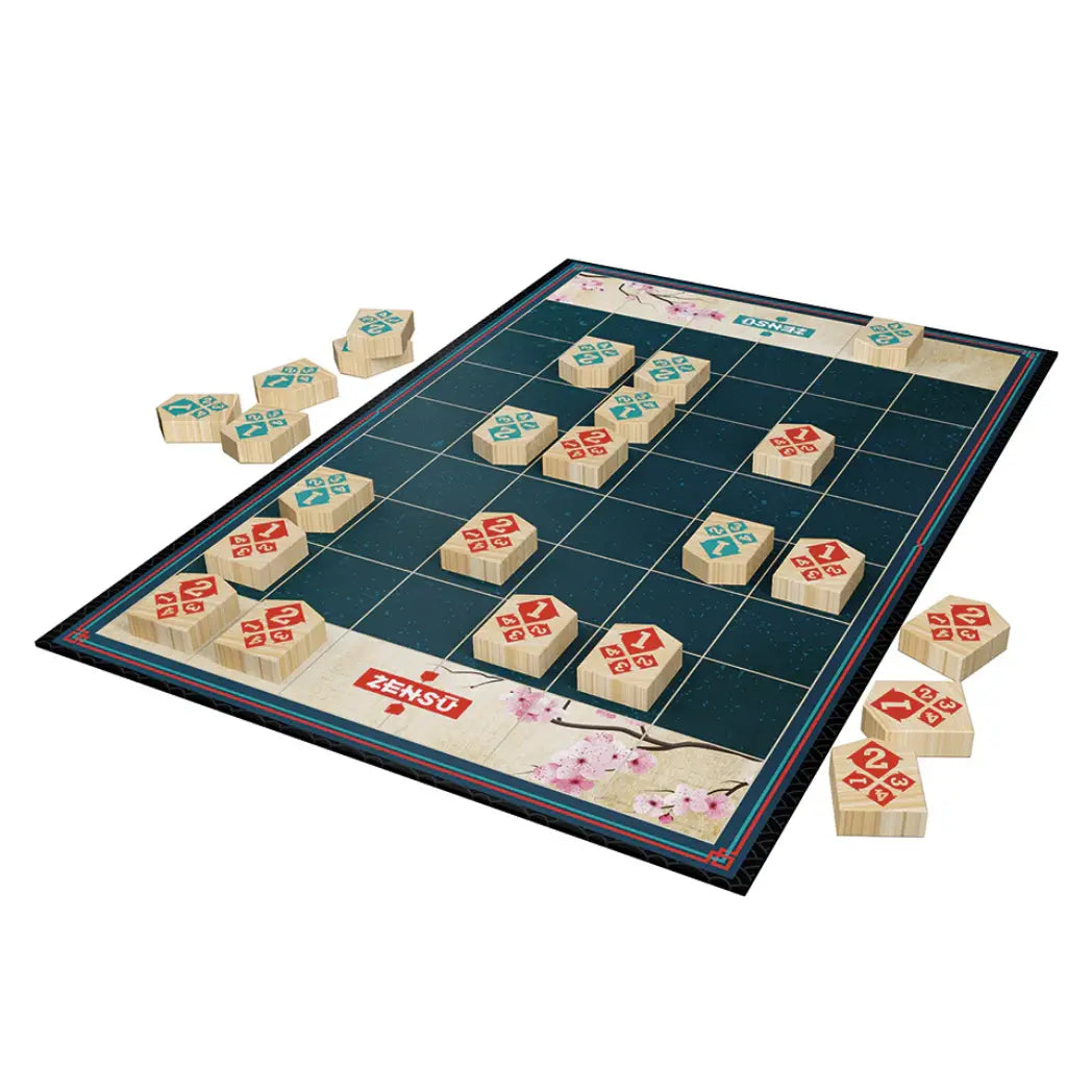 Zensu board game components featuring a dark teal grid board with cherry blossom accents and several wooden movement tiles.