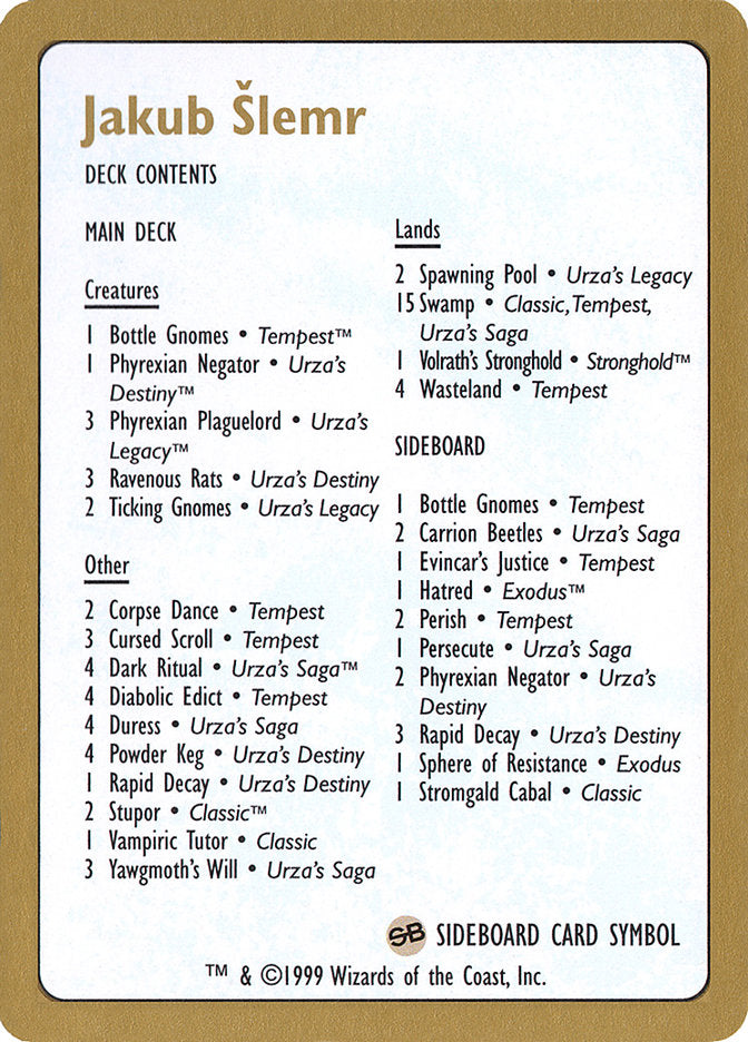Jakub Slemr Decklist [World Championship Decks 1999] - Magic: The Gathering - Card Brawlers | Quebec | Canada |