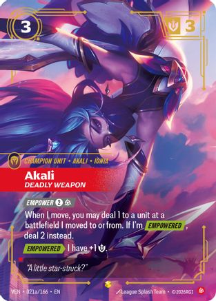 Akali - Deadly Weapon (Alternate Art) (021a/166) - Vendetta Foil - Card Brawlers