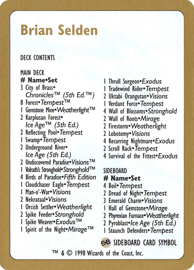 Brian Selden Decklist [World Championship Decks 1998] - Magic: The Gathering - Card Brawlers | Quebec | Canada |