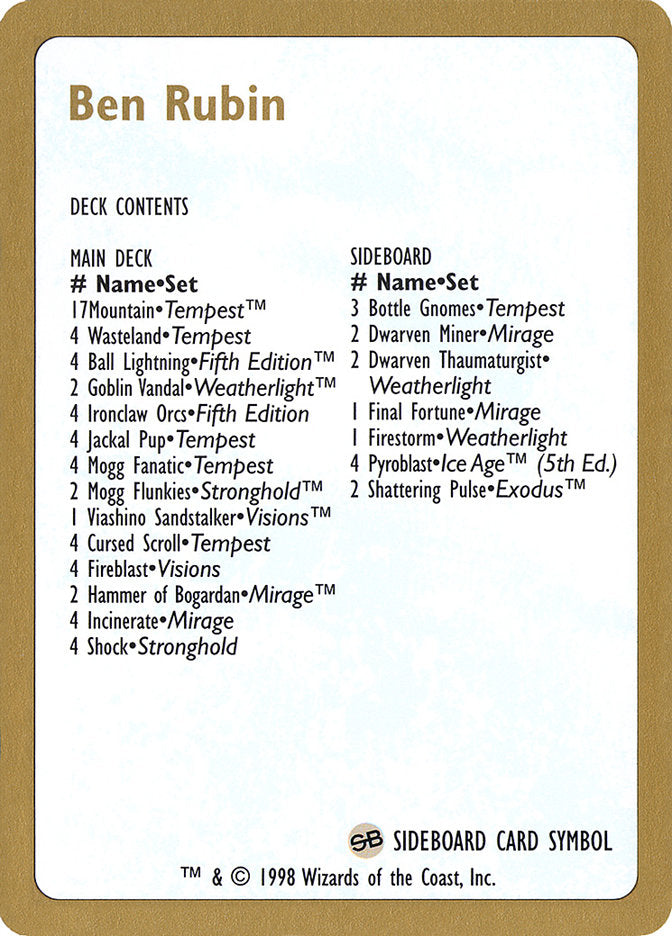Ben Rubin Decklist [World Championship Decks 1998] - Magic: The Gathering - Card Brawlers | Quebec | Canada |