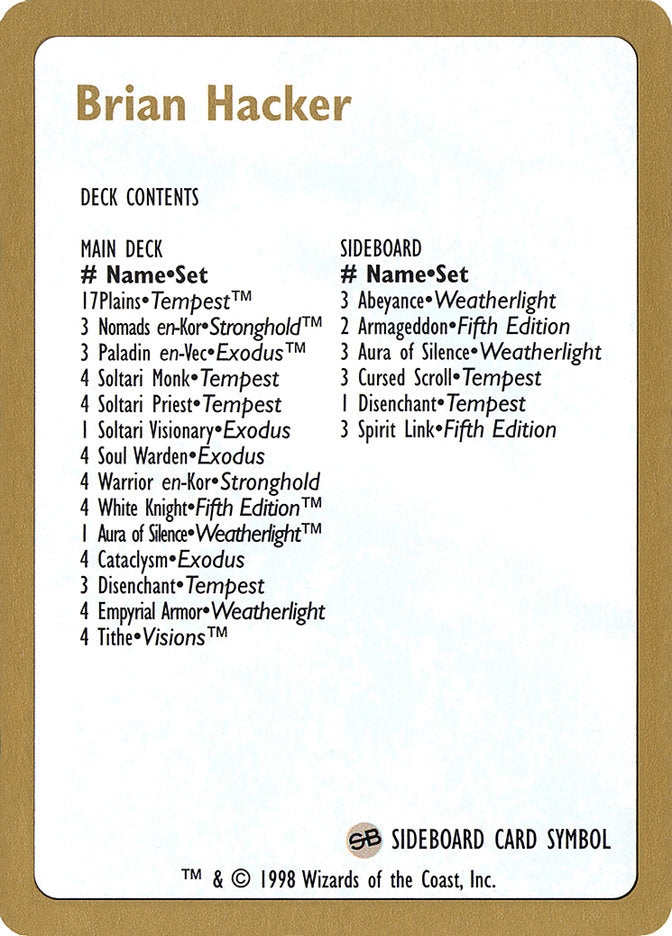 Brian Hacker Decklist [World Championship Decks 1998] - Magic: The Gathering - Card Brawlers | Quebec | Canada |