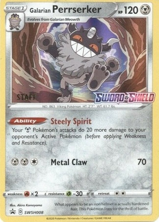 Galarian Perrserker (SWSH008) (Staff Prerelease Promo) [Sword & Shield: Black Star Promos] - Pokémon - Card Brawlers | Quebec | Canada |