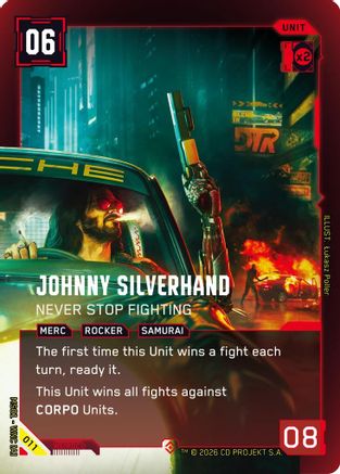 Johnny Silverhand - Never Stop Fighting (Epic) (011) - Welcome to Night City Retail Foil - Card Brawlers