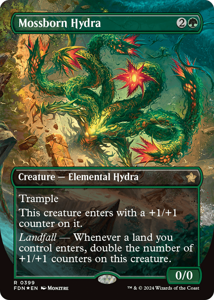 Mossborn Hydra (Borderless) (Mana Foil) [Foundations] - Card Brawlers