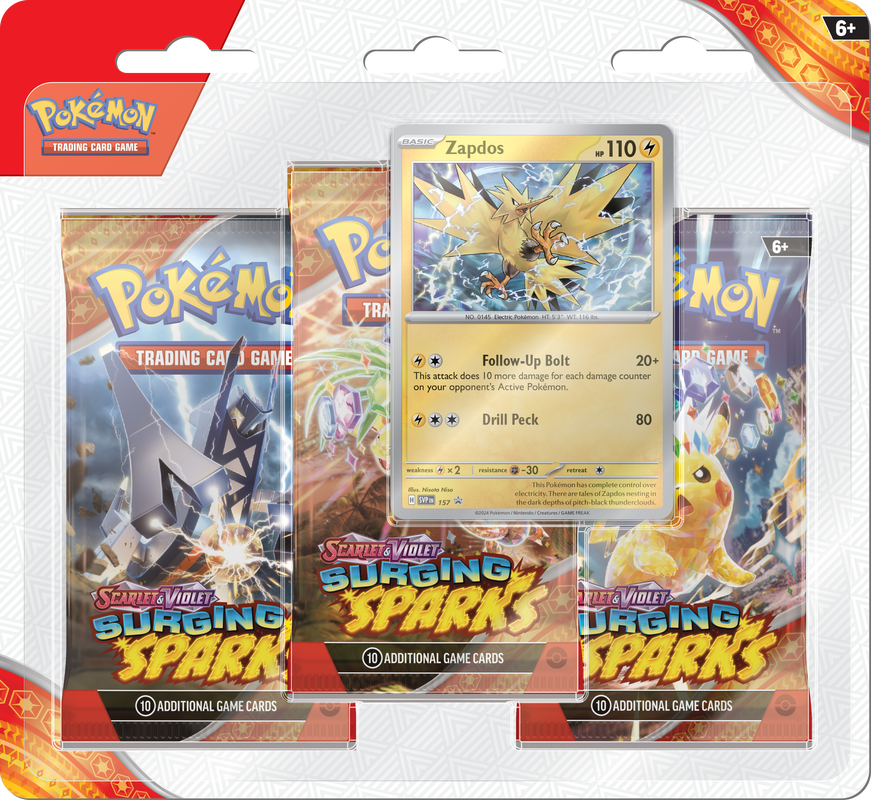 Pokemon TCG: Scarlet & Violet - Surging Sparks - Blister Pack - Three Boosters - Zapdos - The Pokemon Company - Card Brawlers | Quebec | Canada |