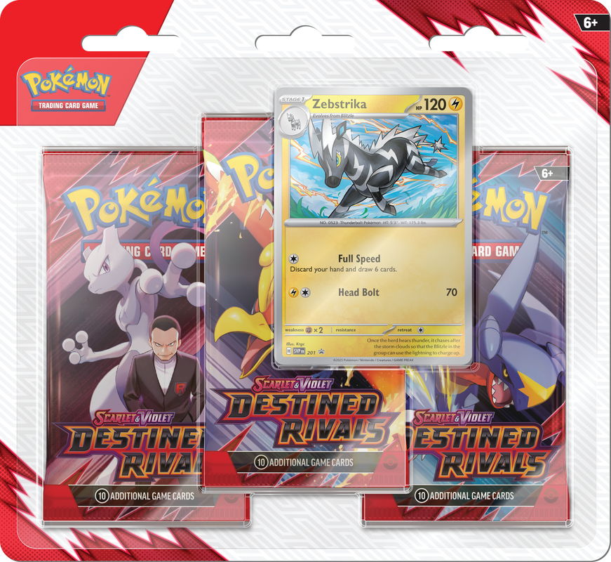 Pokemon TCG: Scarlet & Violet - Destined Rivals - Blister Pack - Three Boosters - Zebstrika - Promo (PREPRDER) 30 May, 2025 - The Pokemon Company - Card Brawlers | Quebec | Canada |